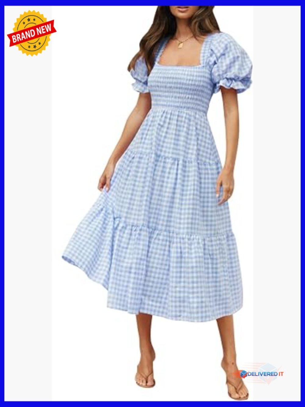 Boho Midi Dress Puff Sleeve Square Neck Flowy Beach Summer Dress Casual Fit &